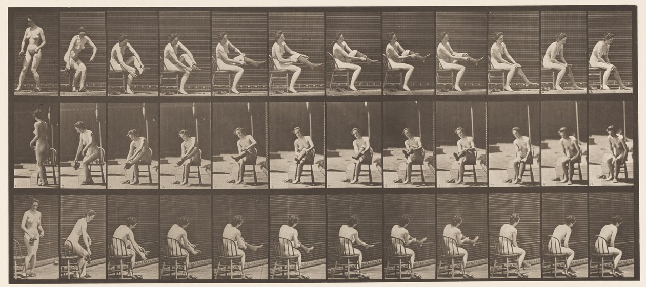 Talíř 418. Záchod, sezení a oblékání punčoch, 1872-1885 od Eadweard Muybridge