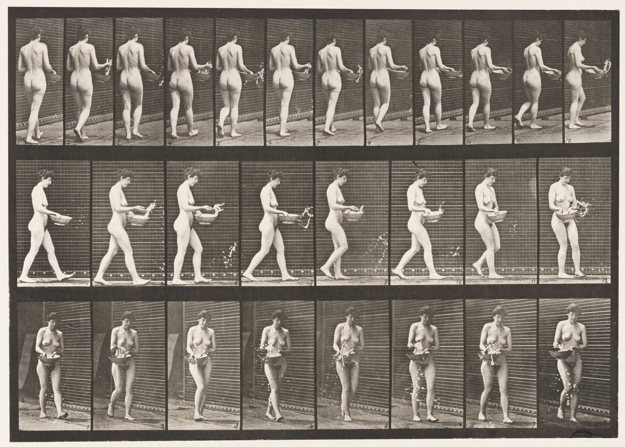 Talíř 43. Chůze, kropení vodou z umyvadla, otáčení se od Eadweard Muybridge
