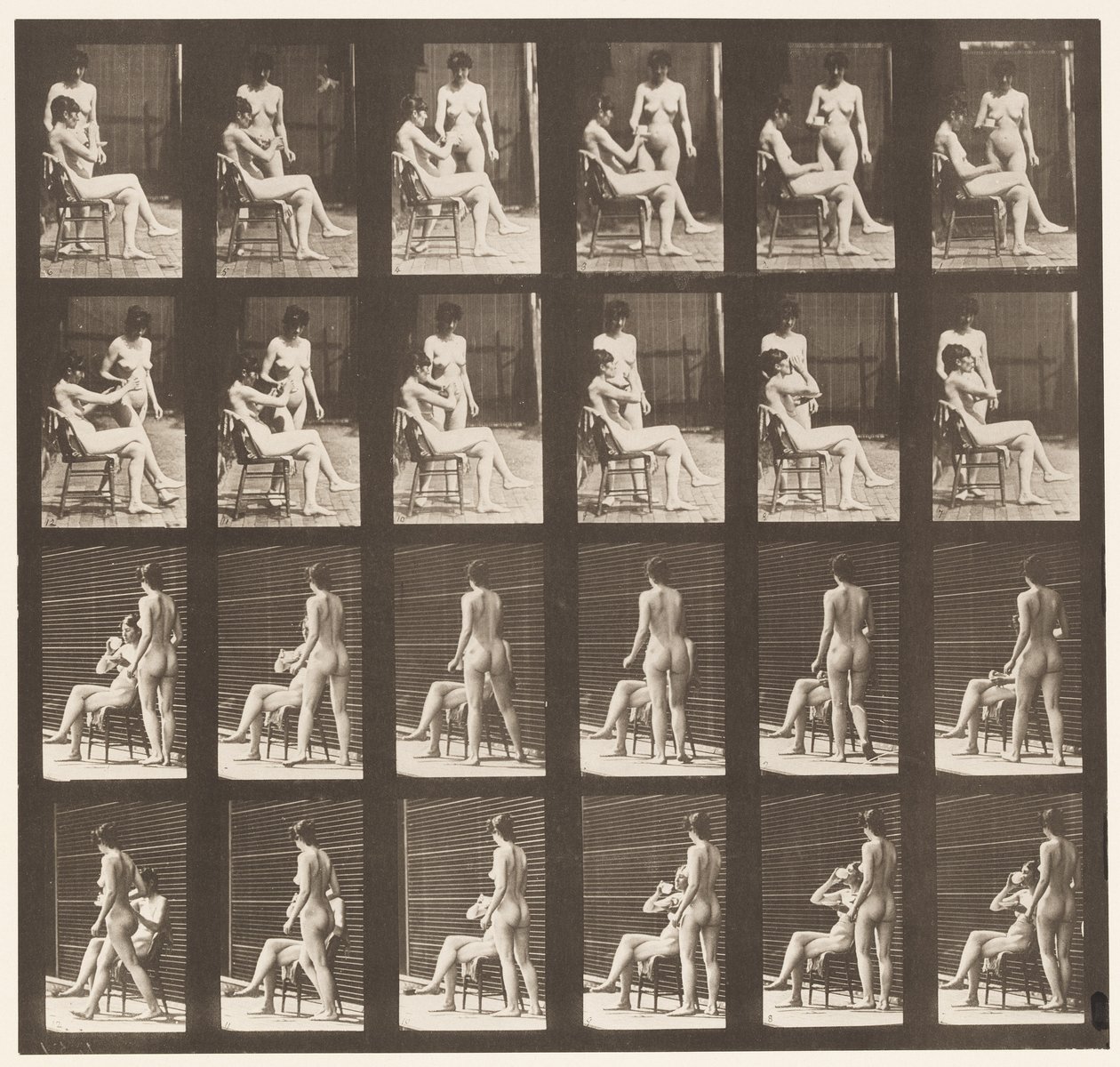 Talíř 451. Dva modely, 8 přináší šálek čaje, 1 šálek a nápoje, 1872-1885 od Eadweard Muybridge