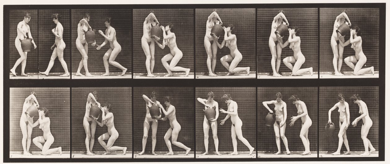 Talíř 452. Dva modely, 8 klečí, nápoje ze sklenice na vodu v rukou, 1872-1885 od Eadweard Muybridge