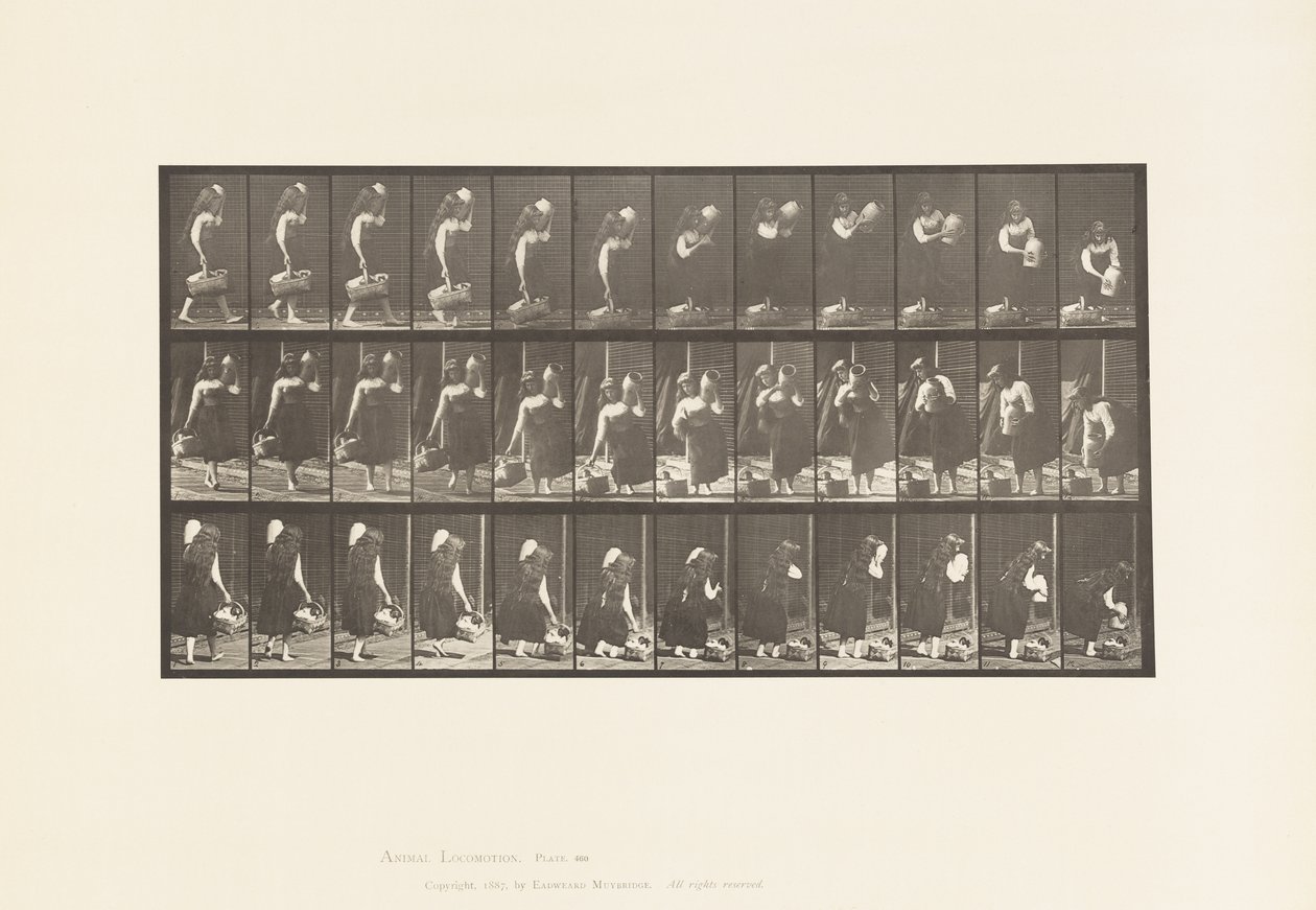 Talíř 460. Nošení sklenice na rameni a košík v ruce,, 1885 od Eadweard Muybridge