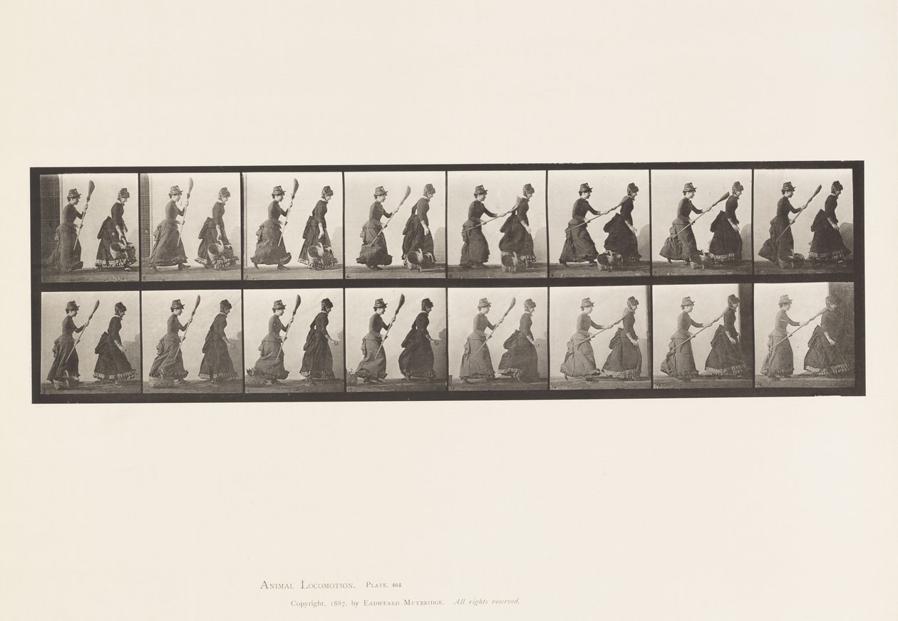 Talíř 464. Dva modely, 16 Chasing 4 s koštětem, 1885 od Eadweard Muybridge