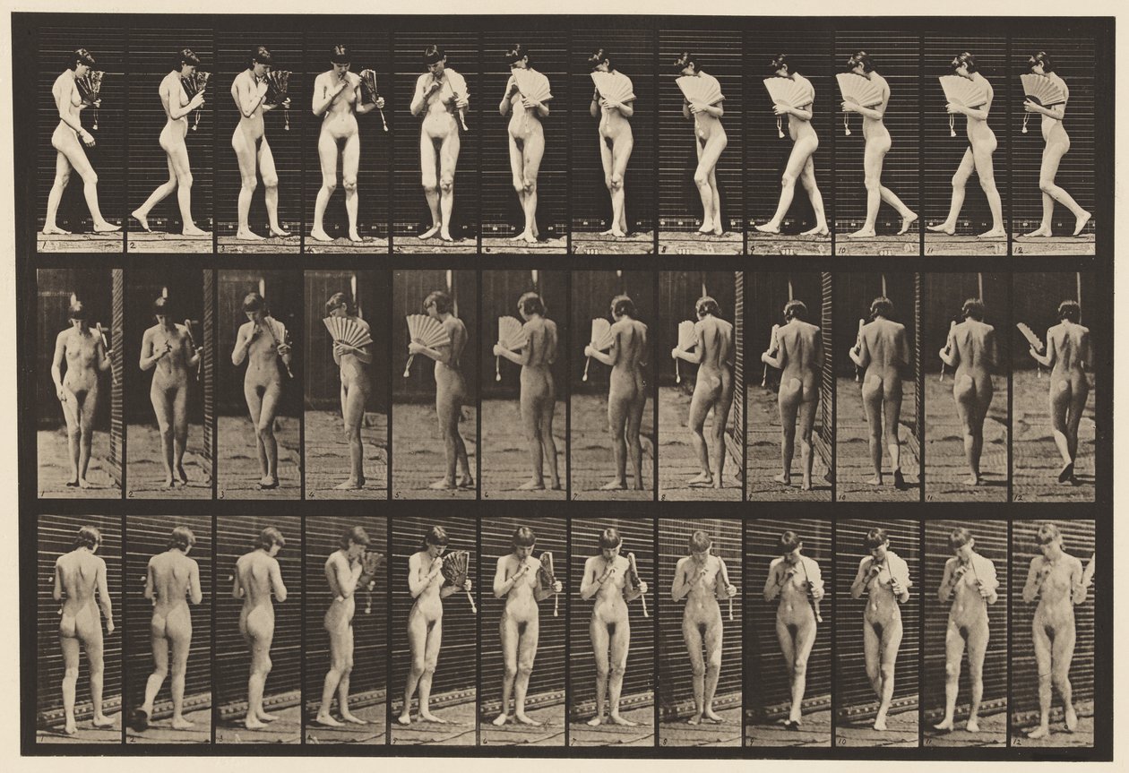 Talíř 46. Chůze, flirtování vějíře a otáčení se od Eadweard Muybridge
