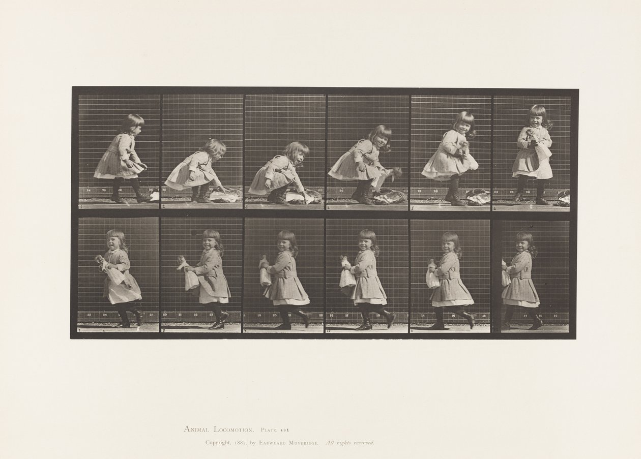 Talíř 481. Dítě, zvedání panenky, otáčení a odcházení, 1885 od Eadweard Muybridge