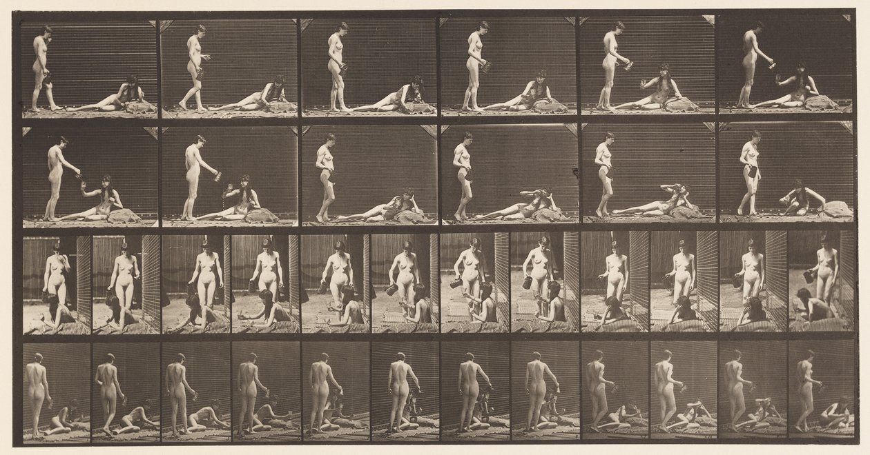 Talíř 485. Dva modely; A, 10 Stání a plnění poháru;, 1872-1885 od Eadweard Muybridge