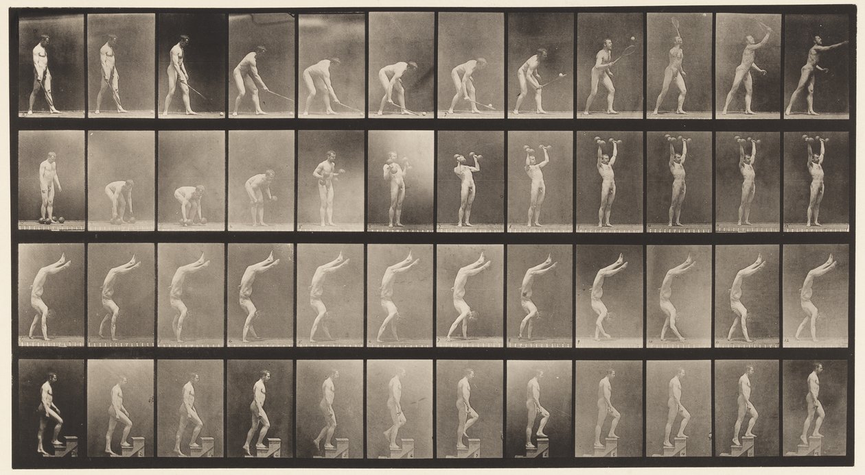 Talíř 488. A, Tenis na trávníku; B, Dumb Bells; C, Chůze po rukou;, 1872-1885 od Eadweard Muybridge