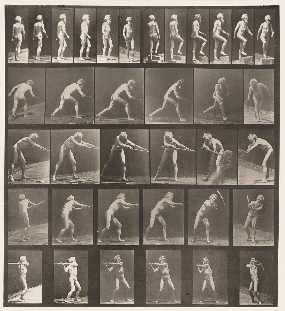 Talíř 521. A, Chůze; B, vzestupný krok; C, Vrhací disk od Eadweard Muybridge