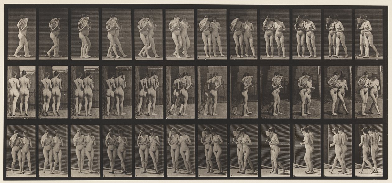 Talíř 54. Chůze, dva modely/jeden flirtování Ventilátor, paže v paži od Eadweard Muybridge