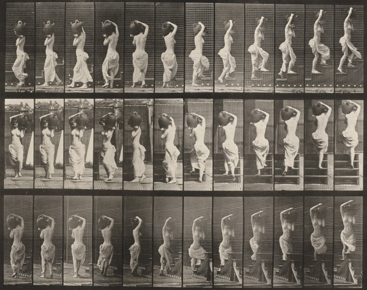Tabule číslo 105. Osoba se otáčí a stoupá po schodech, džbán s vodou na levém rameni od Eadweard Muybridge