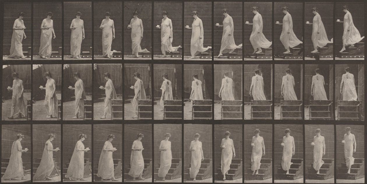 Tabule číslo 143. Sestupování po schodech, šálek s podšálkem v pravé ruce od Eadweard Muybridge