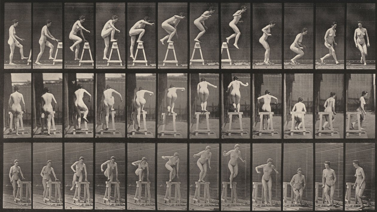 Tabule číslo 171. Vystoupit na kozlík, seskočit a otočit se od Eadweard Muybridge
