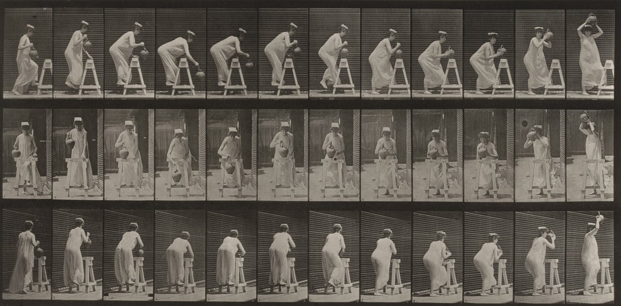 Tabule číslo 216. Ohýbání se k naplnění nádoby na vodu, pokládání na hlavu od Eadweard Muybridge