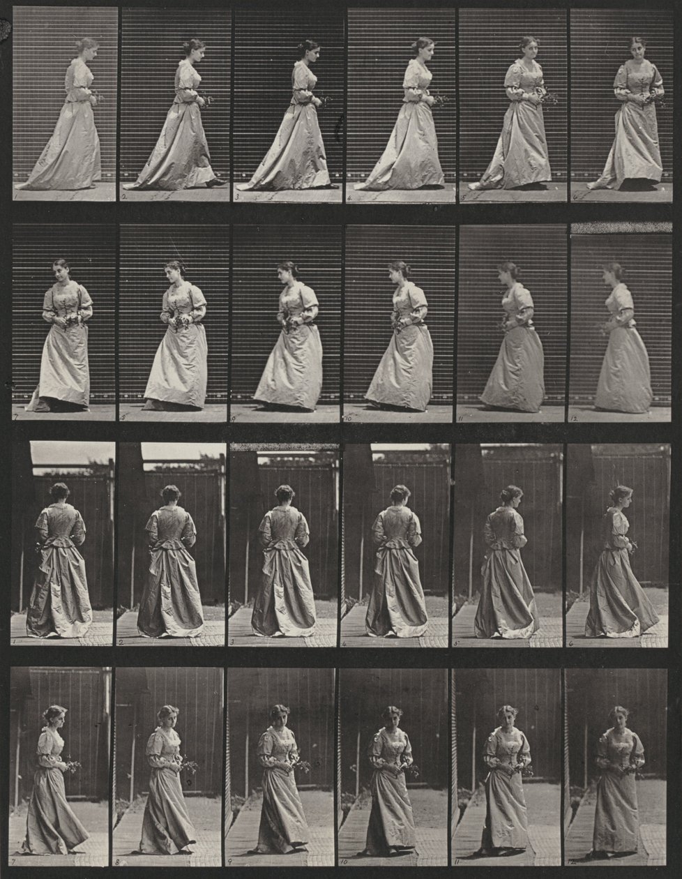 Tabule číslo 48. Chůze a otáčení s kyticí v obou rukou od Eadweard Muybridge