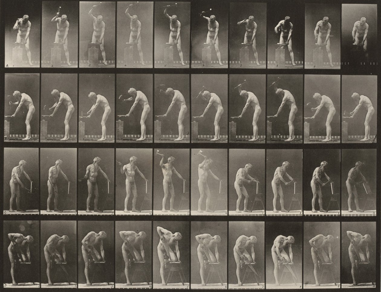 Tabule číslo 491. A, B: Kování na kovadlině. C: Použití sekyrky. D: Řezání prkna od Eadweard Muybridge