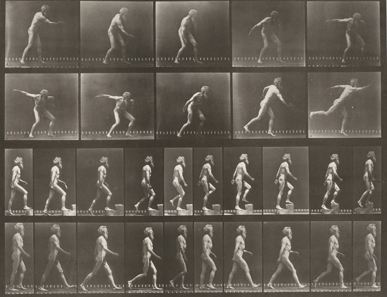Deska číslo 519. A: Hod diskem. B: Výstup na schod. C: Chůze od Eadweard Muybridge