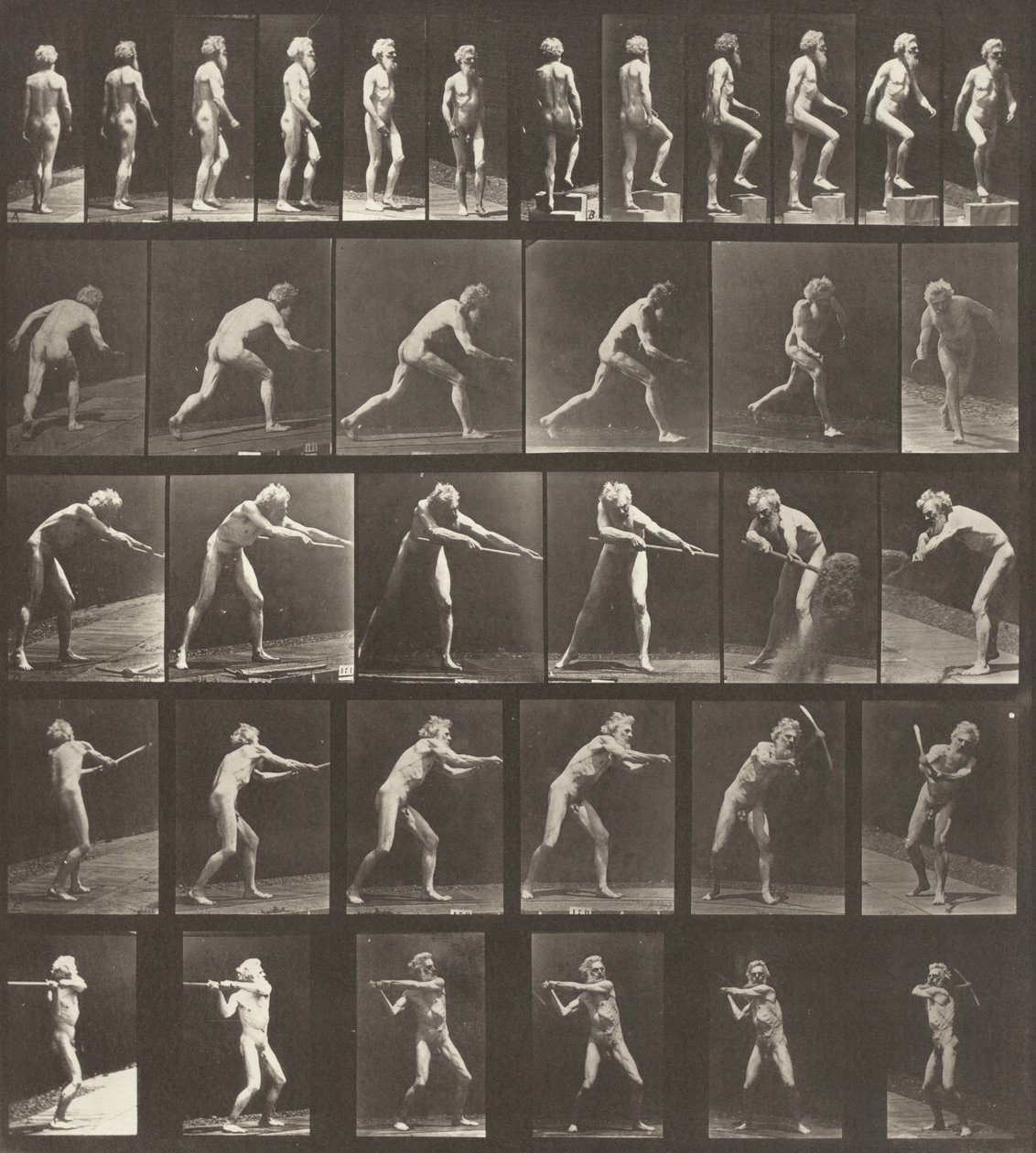 Číslo desky 521. A: Chůze. B: Vzestup o krok. C: Vyhození disku. D: Pomocí lopaty. E, F: Pomocí trsátka od Eadweard Muybridge