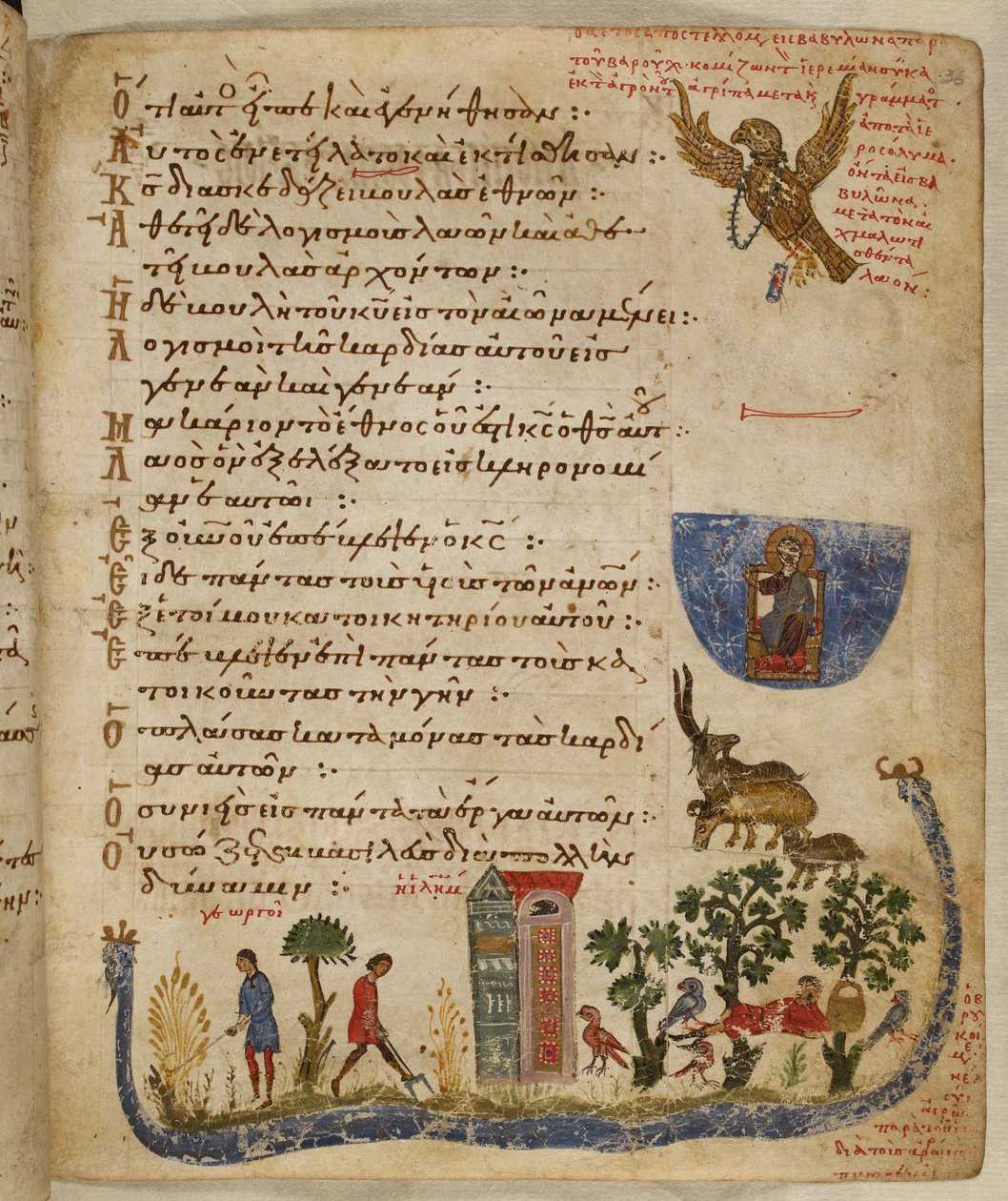 Přidat. 19352, f.36r Orel zaslaný Baruchem; zahradní scéna, od Theodora Psaltera od Eastern Mediterranean School