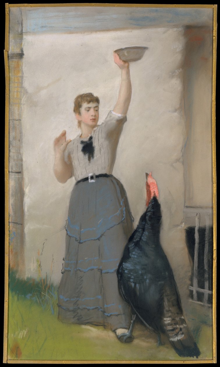 Feeding the Turkey, c.1872-80 (pastel na tkaném papíře, připevněný na plátno) od Eastman Johnson