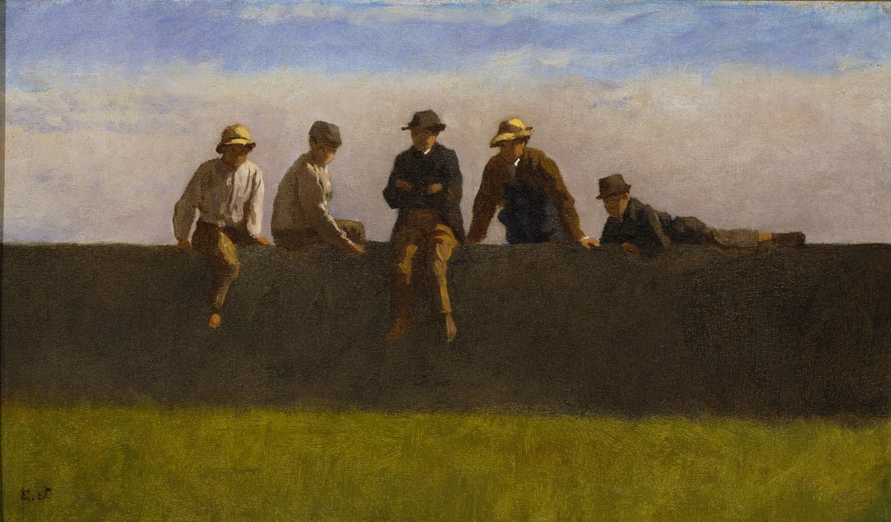 Five Boys on a Wall, cca 1875-1880 (olej na kompoziční desce) od Eastman Johnson