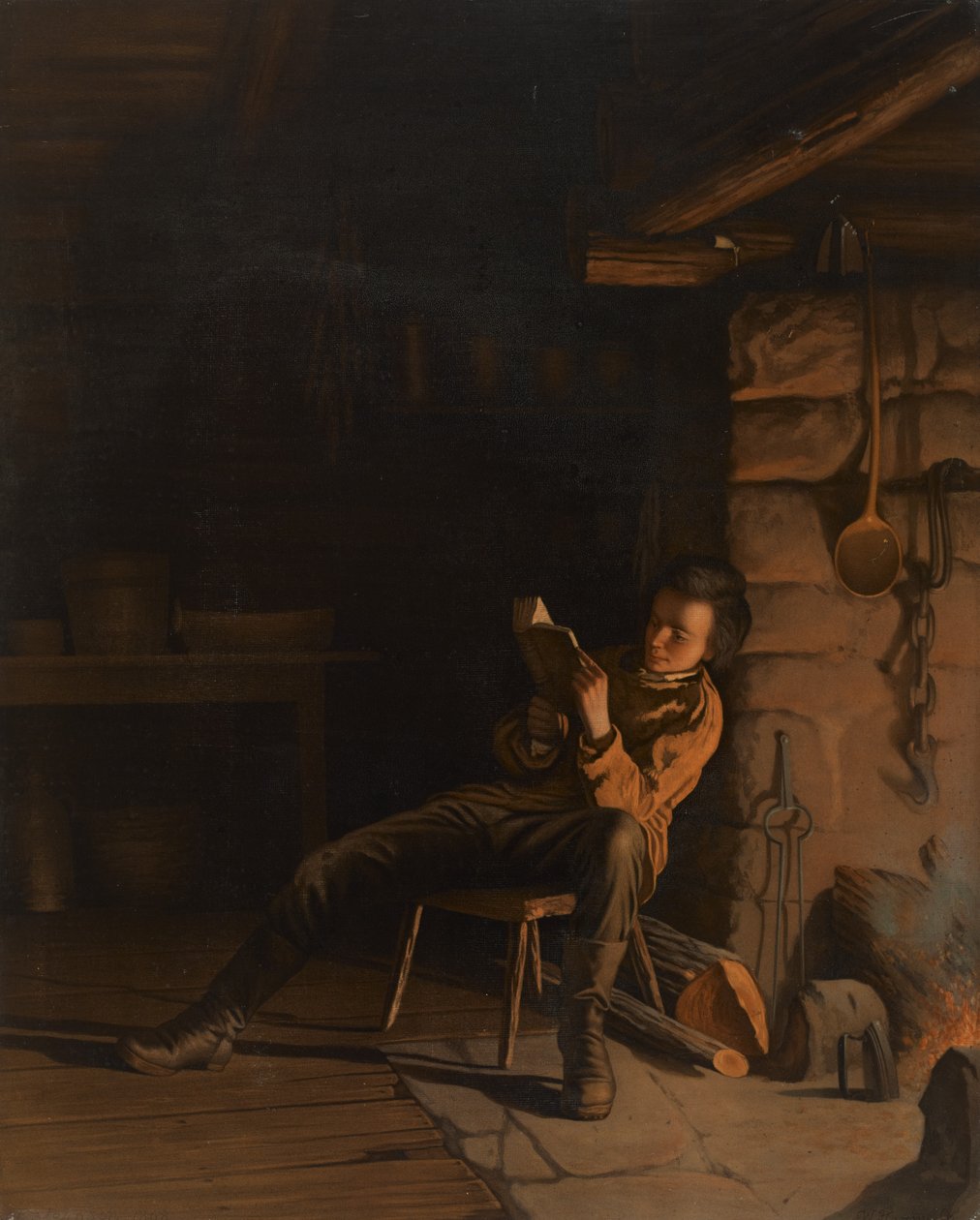Chlapectví Lincolna. (Večer ve srubu.), 1868 (chromolitografie na papíře na desce) od Eastman Johnson