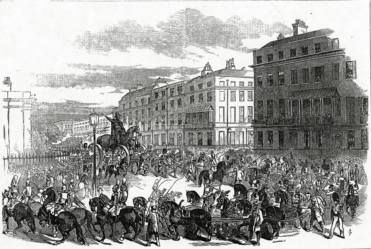 Velký průvod Wellingtonovy sochy odbočující na Park Lane, zveřejněno v "Illustrated London News", 3. října 1846. od Ebenezer Landells
