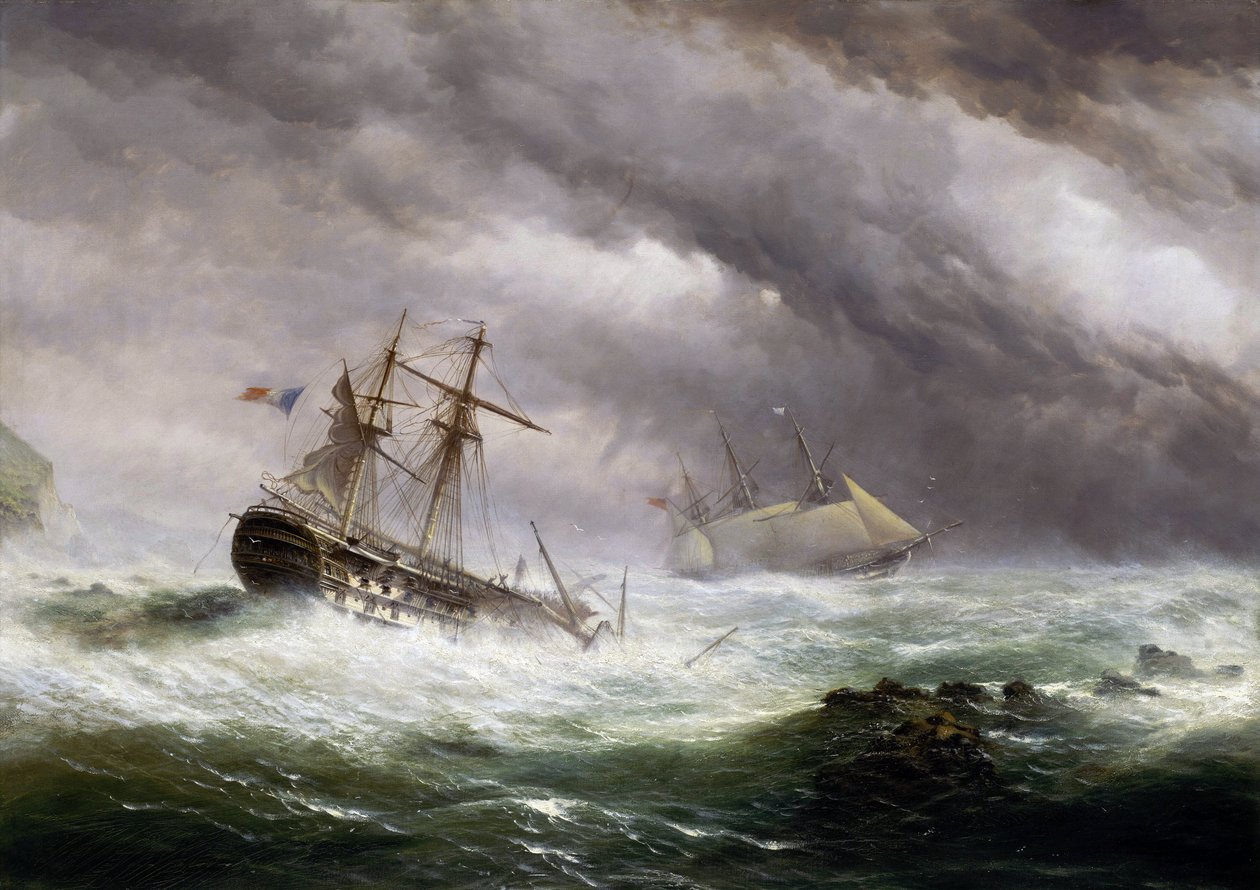 Loď HMS "Endymion" zachraňuje francouzskou loď zastiženou v bouři v roce 1803. Olej na plátně, asi 1850-1855, autor Ebenezer Colls (1812-1887). od Ebenezer Colls