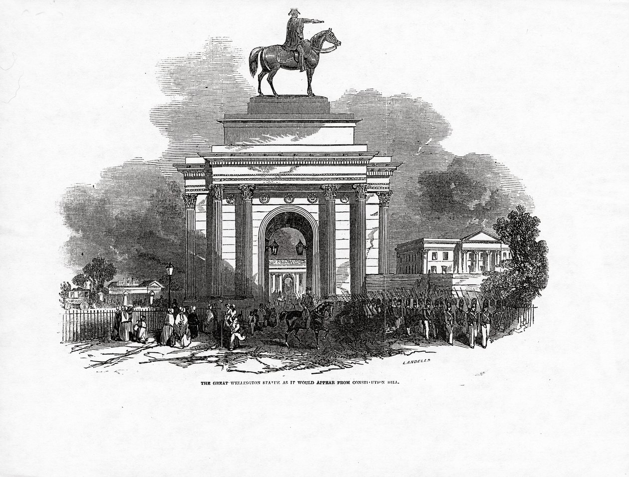 Velká Wellingtonova socha, jak by vypadala z Constitution Hill, publikované v „The Illustrated London News“, 3. října 1846 od Ebenezer Landells