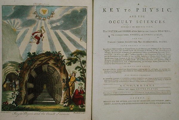 Frontispis pro knihu „Klíč k fyzice a okultním vědám“ 4, vydaná v roce 1800 (barevné lito) od Ebenezer Sibly