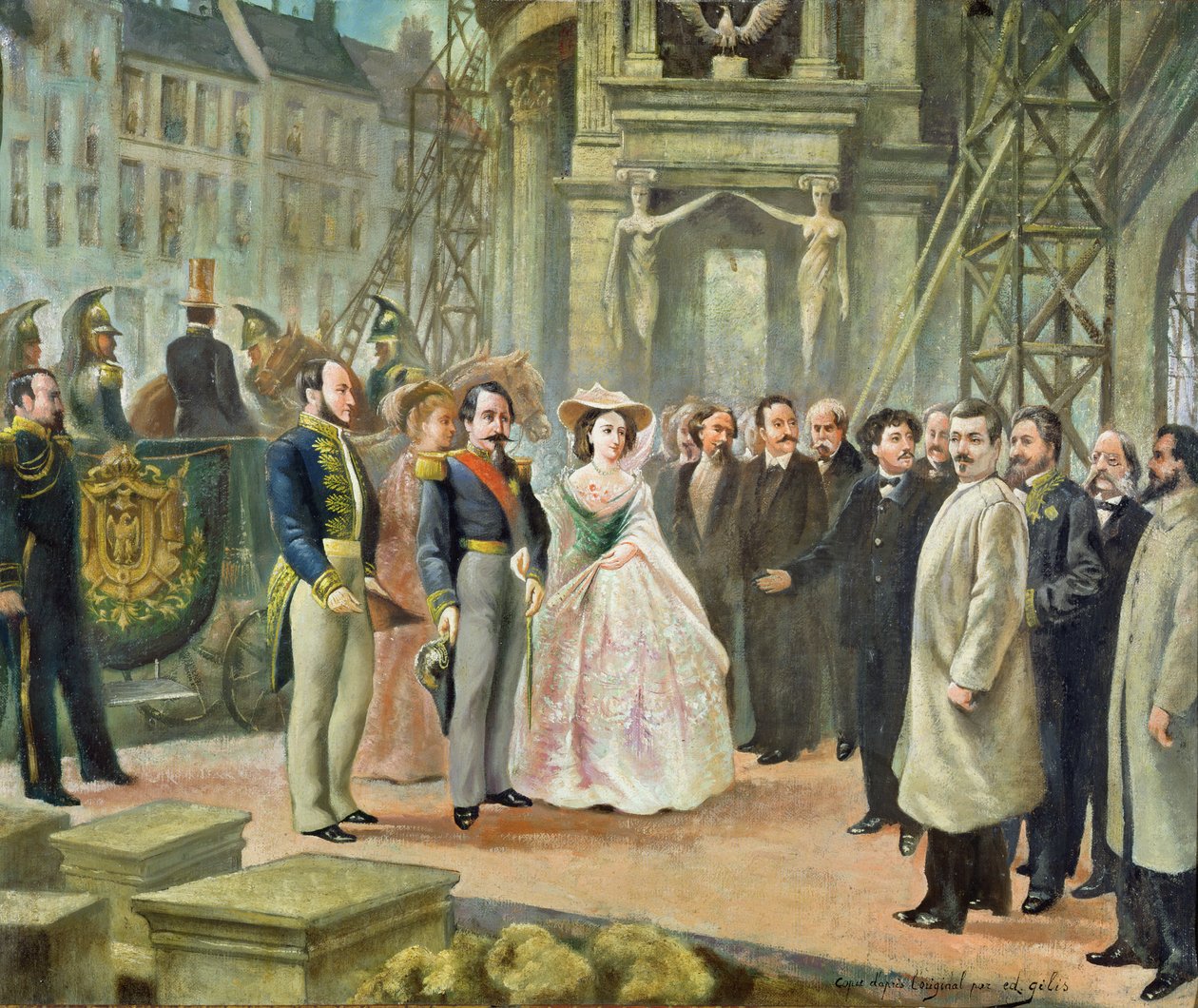 Baron Georges-Eugene Haussmann (1809-91), Napoleon III (1808-73) a císařovna Eugenie (1826-1920) na návštěvě u dělníků v opeře od Ed. Gilis