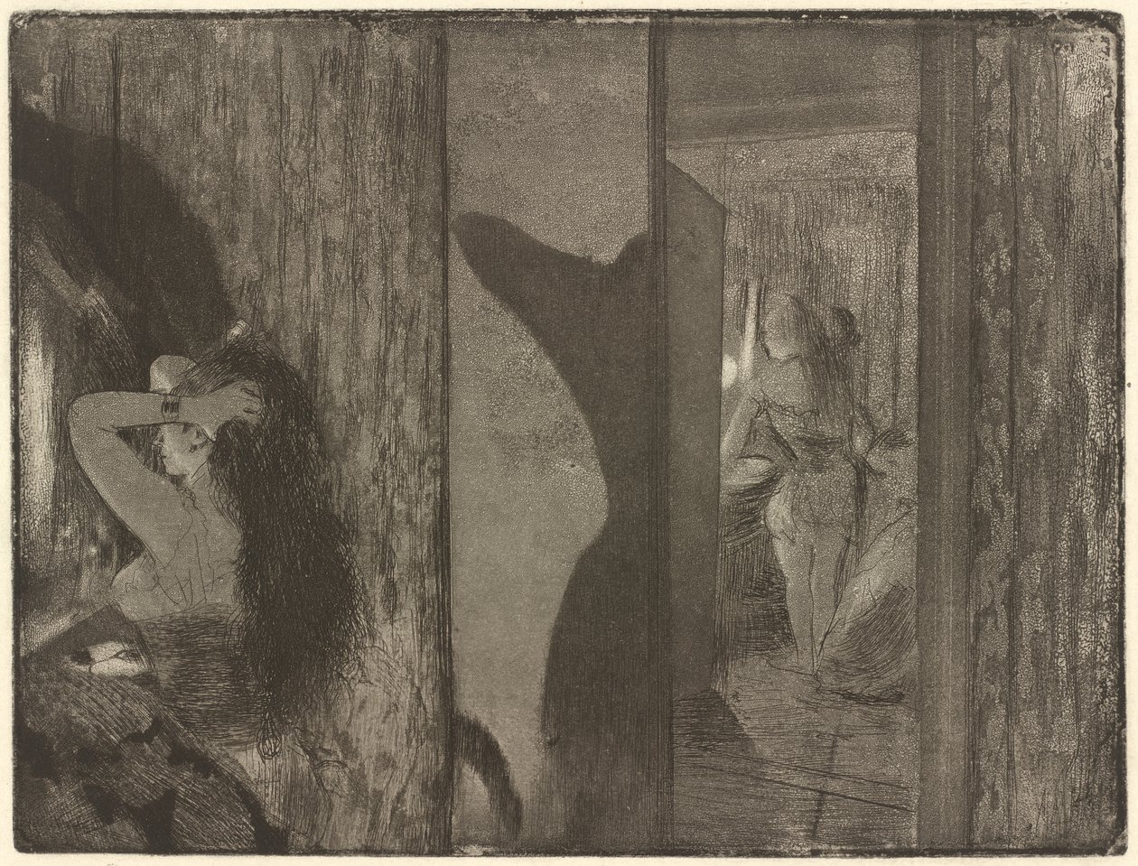 Herečky v jejich šatnách, 1879-1880 (lept a akvatinta na tkaném papíře) od Edgar Degas
