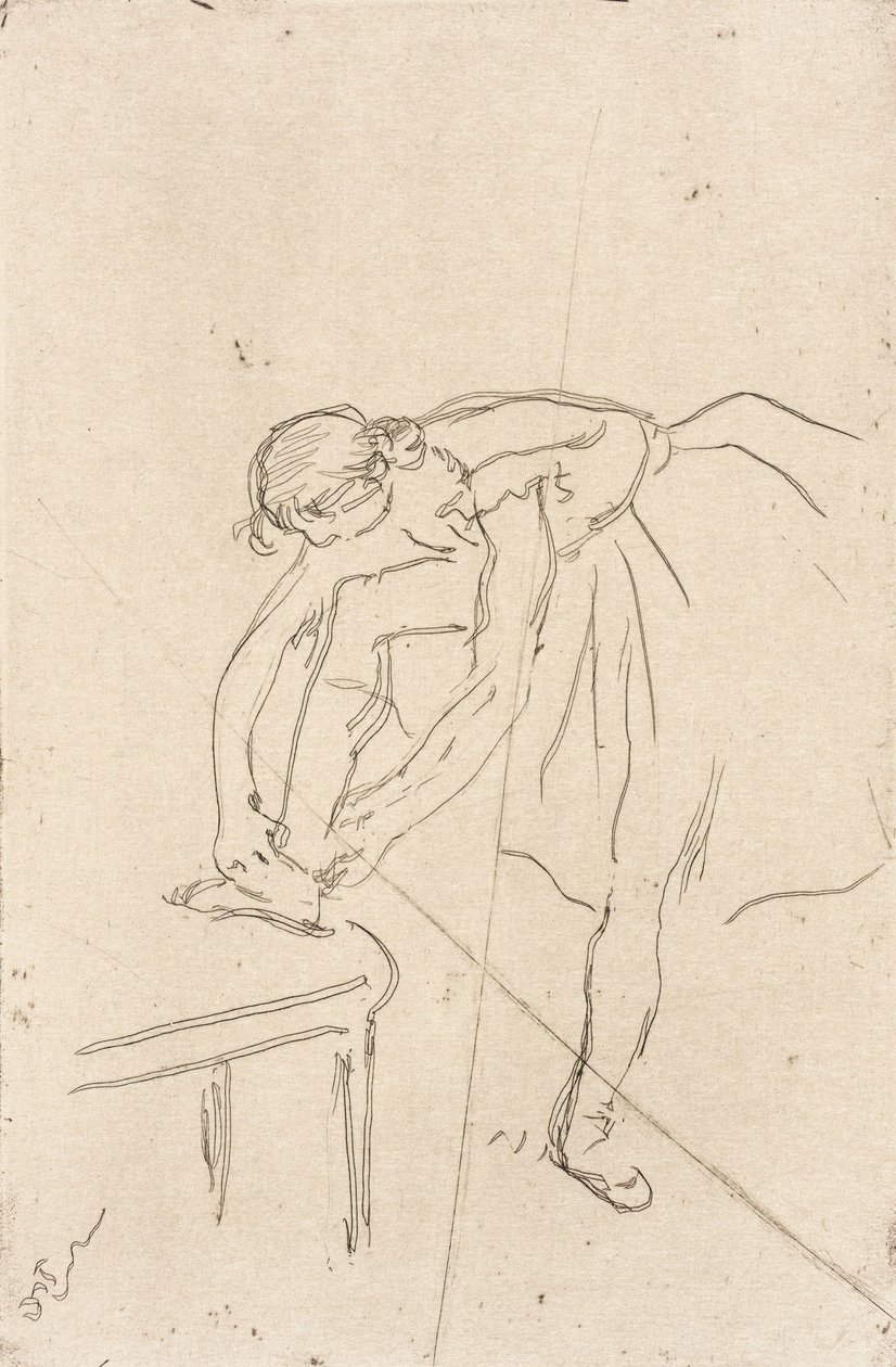 Tanečnice si nazouvá střevíček od Edgar Degas