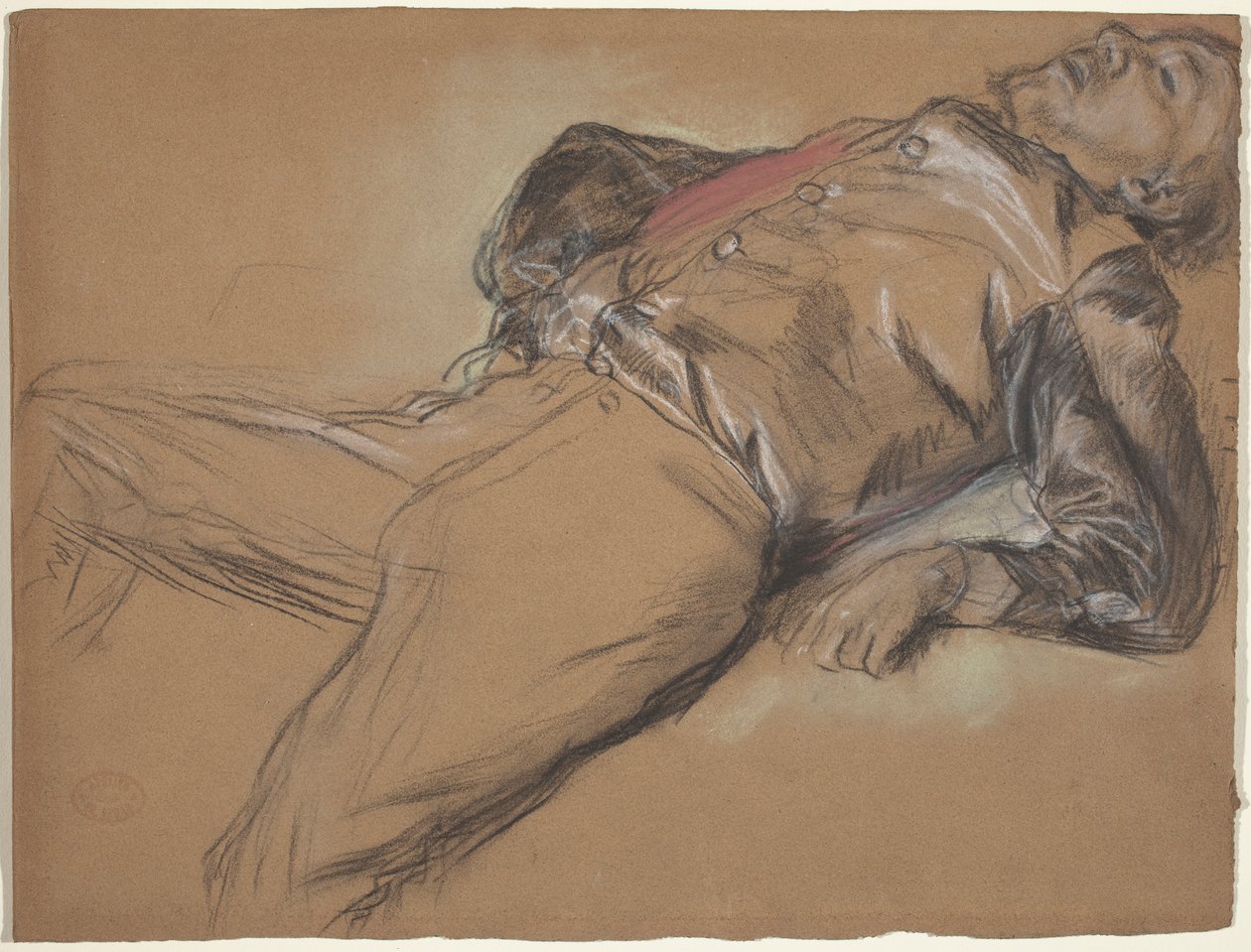 Padlý žokej (studie ke scéně z dostihů: Padlý žokej), asi 1866 (černá křída a pastel na hnědém vliesovém papíře) od Edgar Degas