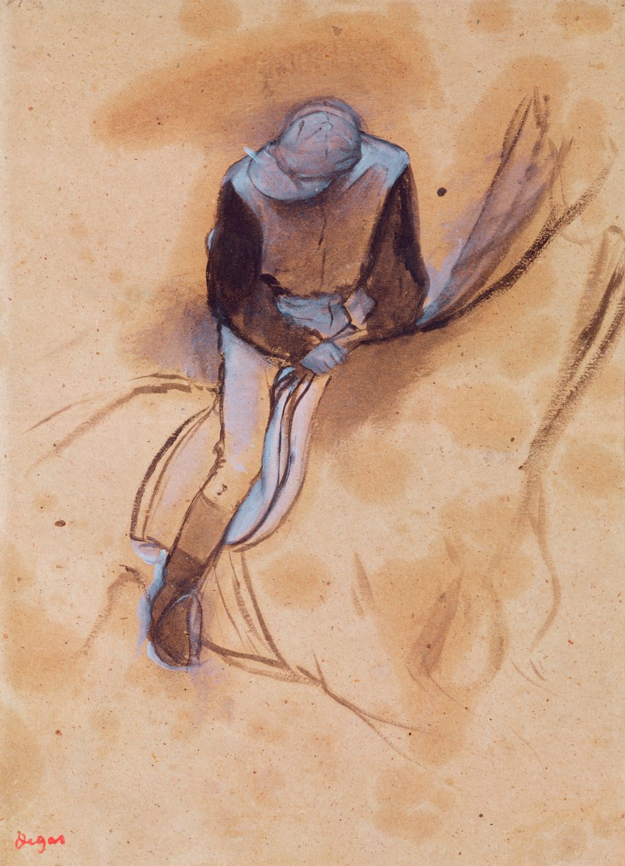 Žokej nakloněný dopředu stojící v sedle, 1860-90 (pastel a dřevěné uhlí na papíře) od Edgar Degas