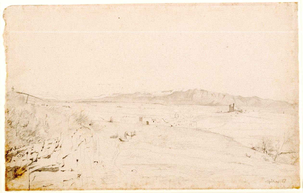 Římská krajina, pravděpodobně s výhledem na Monte Lepini, za městem Velletri, 1857 (grafit na růžovém tkaném papíru) od Edgar Degas