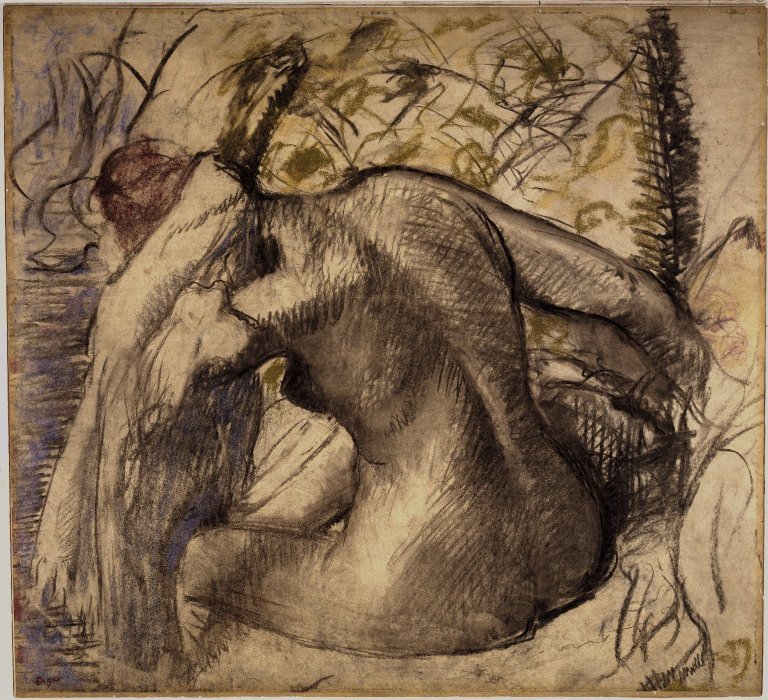 Sedící nahá žena si suší vlasy od Edgar Degas