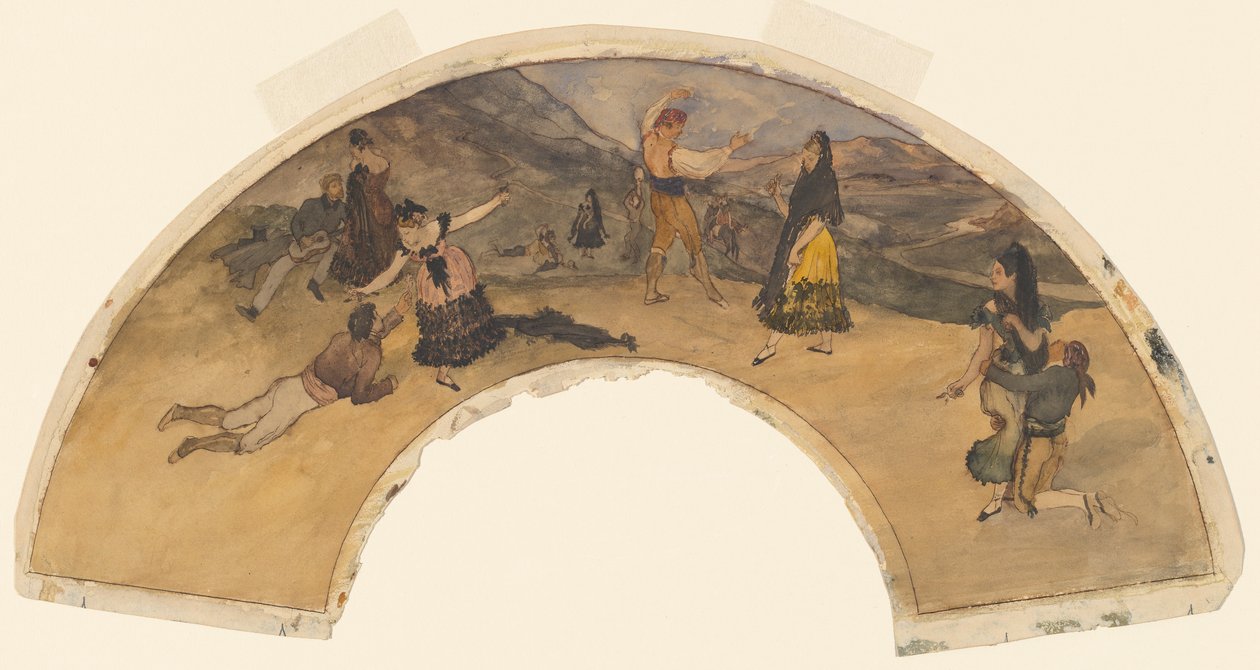 Španělští tanečníci a hudebníci, 1868-1869 (wc a pero a černý inkoust na tkaném papíře) od Edgar Degas