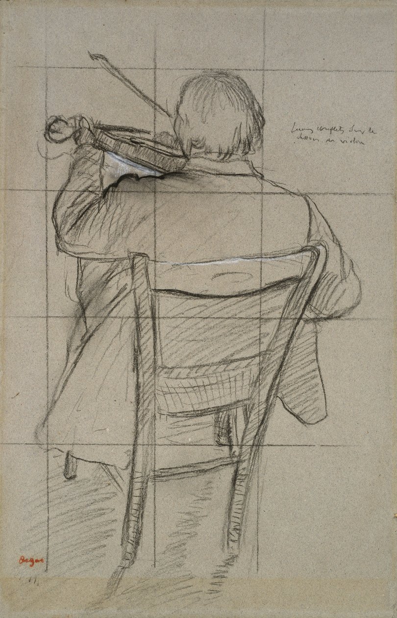 Studie houslisty viděného zezadu, 19. století (uhlí zvýrazněné bílou na papíře) od Edgar Degas