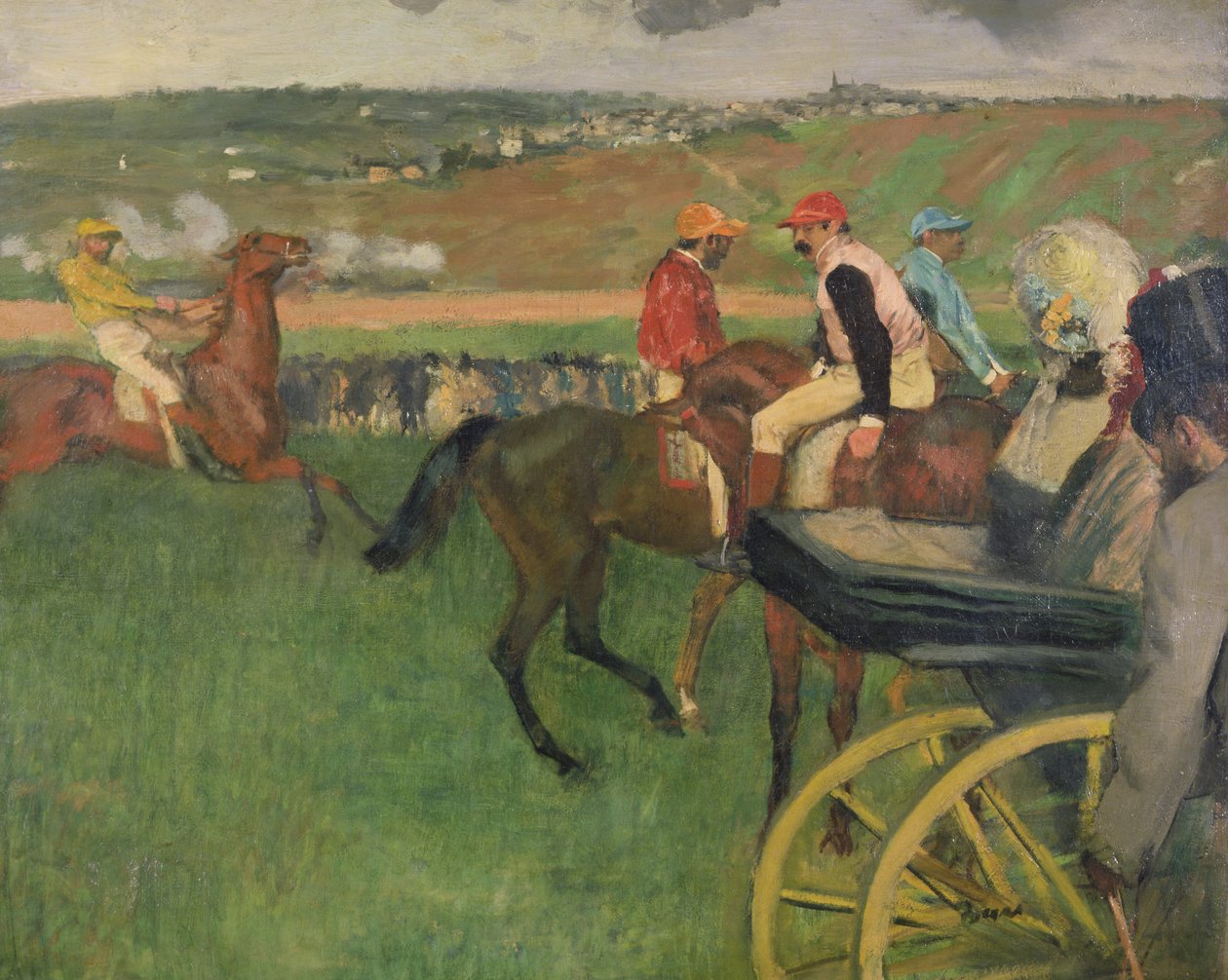 Dostihová dráha - Amatérští žokejové poblíž kočáru, c.1876-87 od Edgar Degas