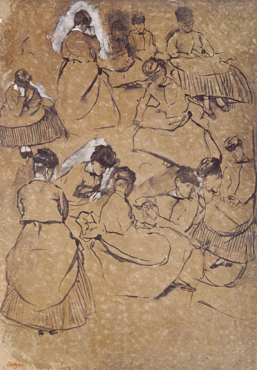 Dvanáct studií žen v kostýmu Druhé říše (pero a inkoust na hnědém papíře) od Edgar Degas
