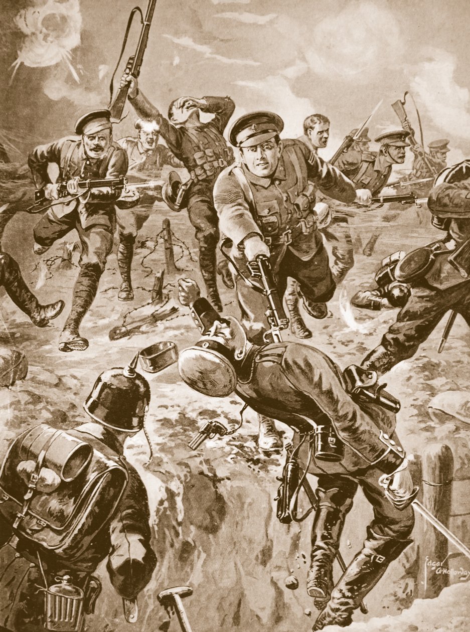 Desátník J. Davies a osm mužů mířících bajonetem na skupinu Němců, kteří je předtím obklíčili (litho) od Edgar Alfred Holloway