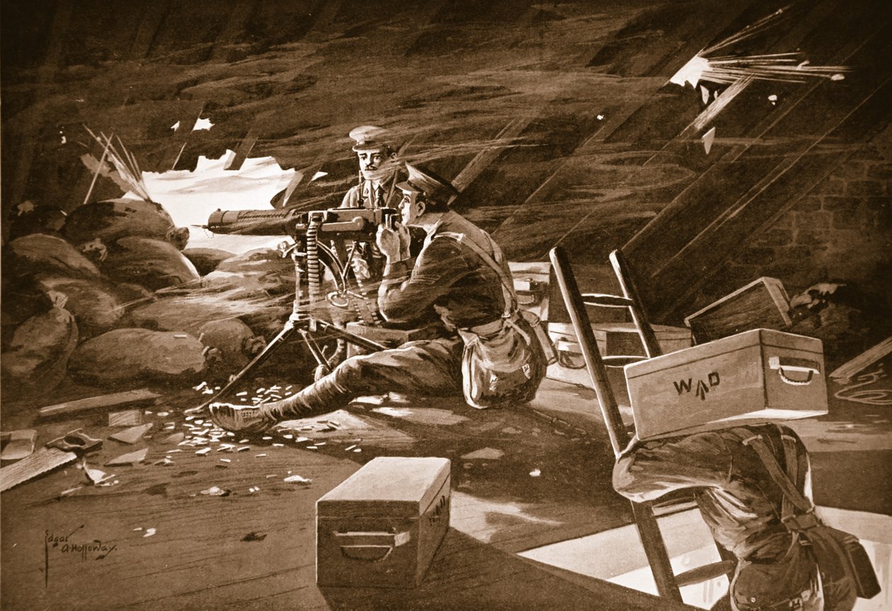 Desátník Windell rozbíjí útok nepřítele palbou ze svého kulometu ze střechy domu poblíž Neuve Chapelle od Edgar Alfred Holloway
