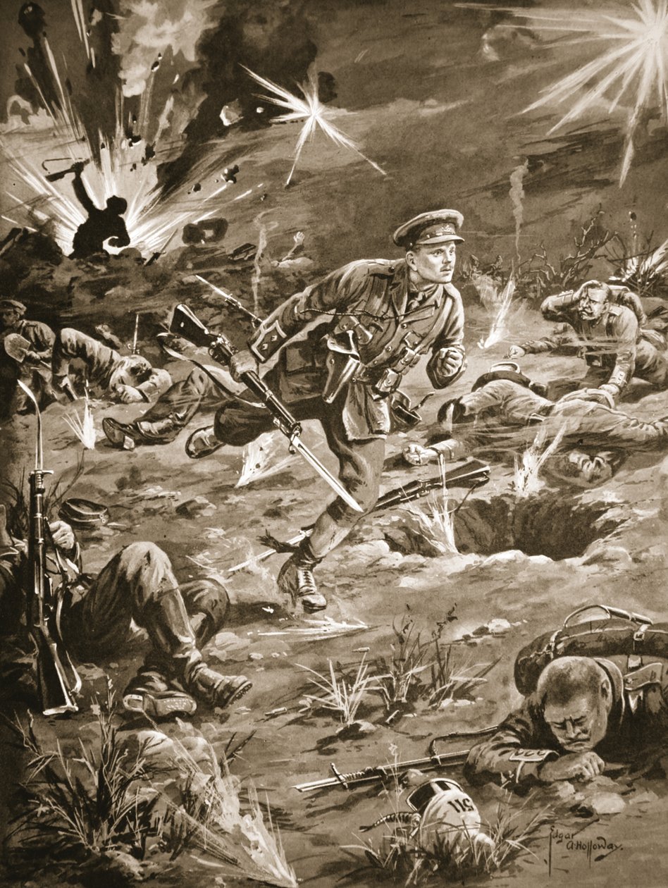 Poručík Geary spěchá pod těžkou palbou do zákopu na pravé straně kopce 60, aby se spojil s důstojníkem. od Edgar Alfred Holloway
