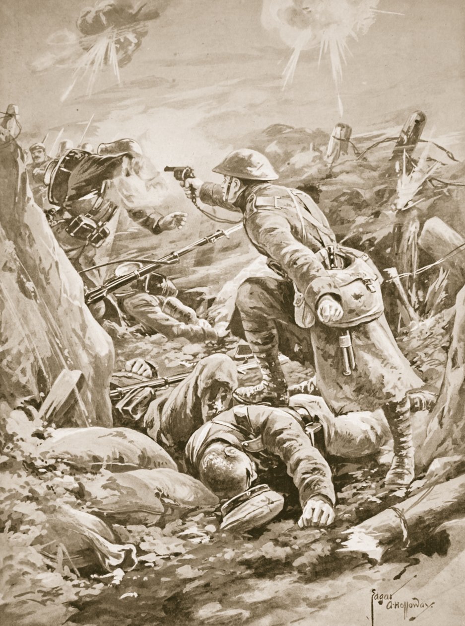 Vojín (úřadující desátník) L. Clarke, sám, držící na uzdě skupinu Němců během protiútoku od Edgar Alfred Holloway