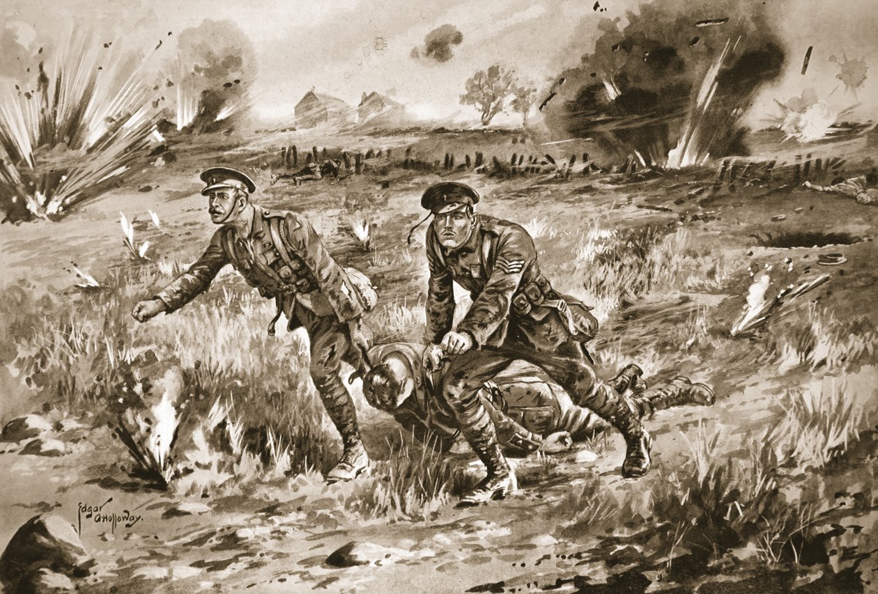 Seržant Gannon pomáhá důstojnickému zřízenci přivést jeho zraněného pána pod velmi silnou palbu od Edgar Alfred Holloway