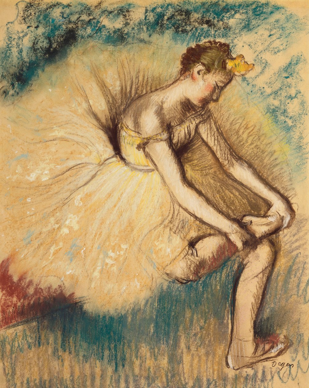 Tanečnice nazouvající si botu; Tanečnice Tiing Her Shoe, 1896 od Edgar Degas
