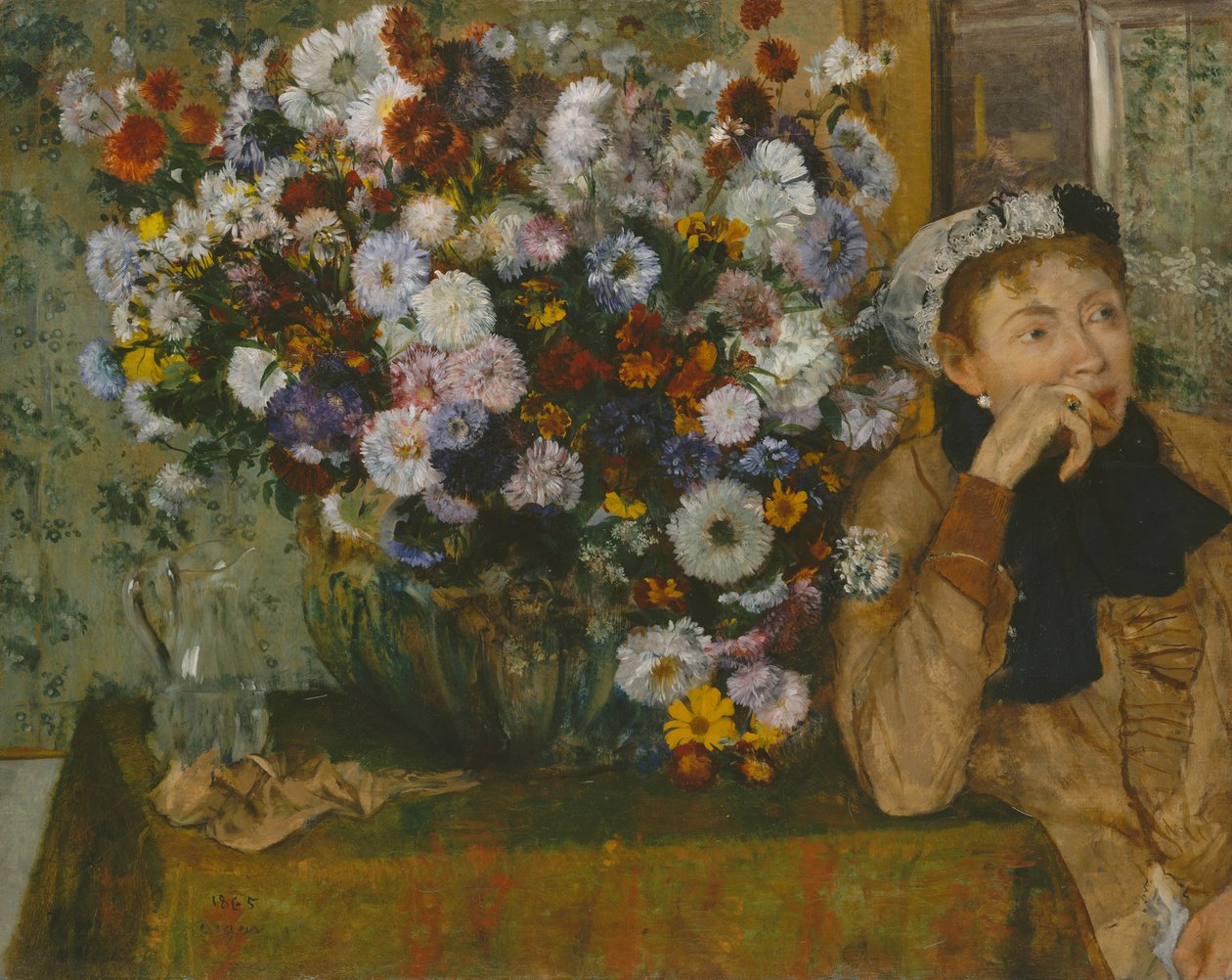 Žena sedící vedle vázy s květinami od Edgar Degas