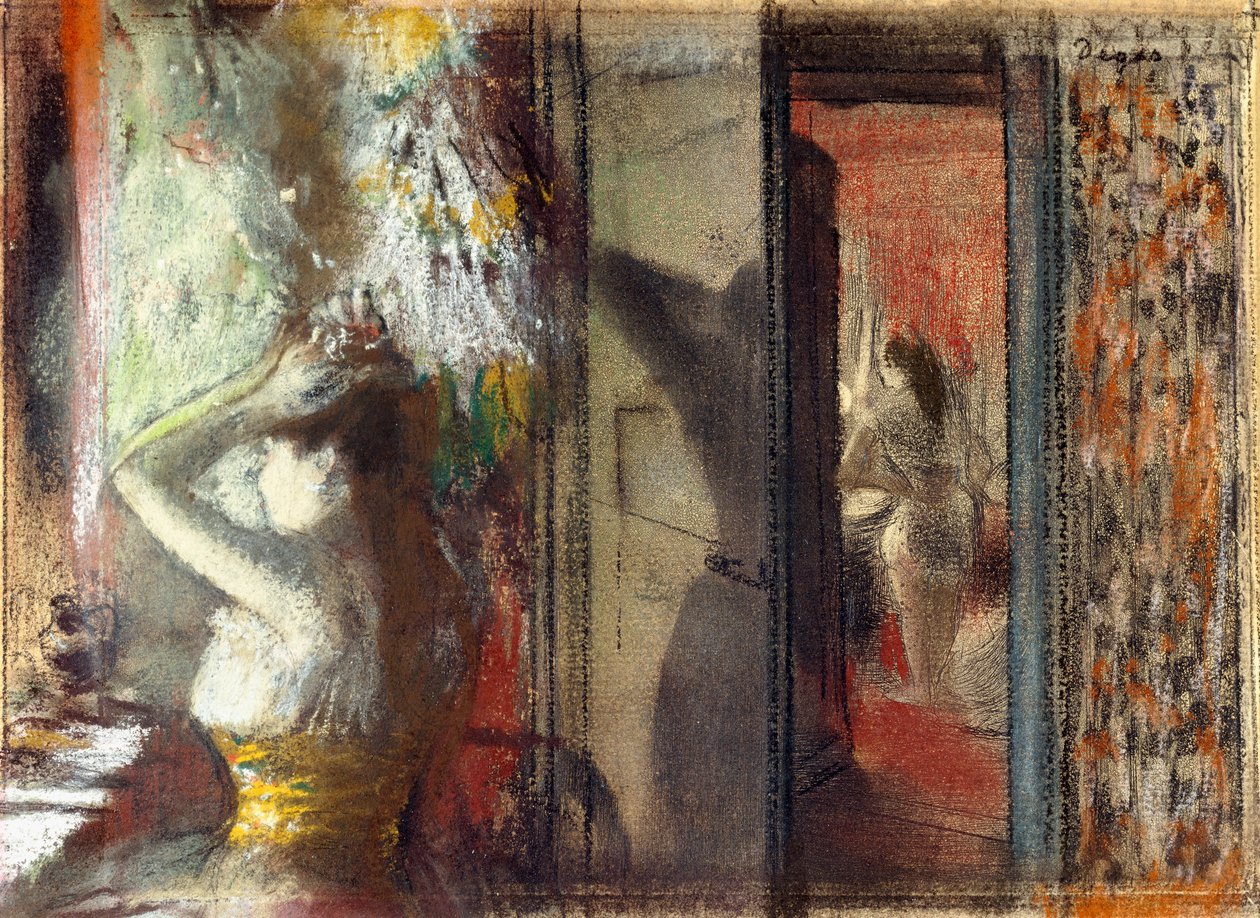 Šatna hereček, kolem roku 1885 (pastel přes lept na papíře) od Edgar Degas
