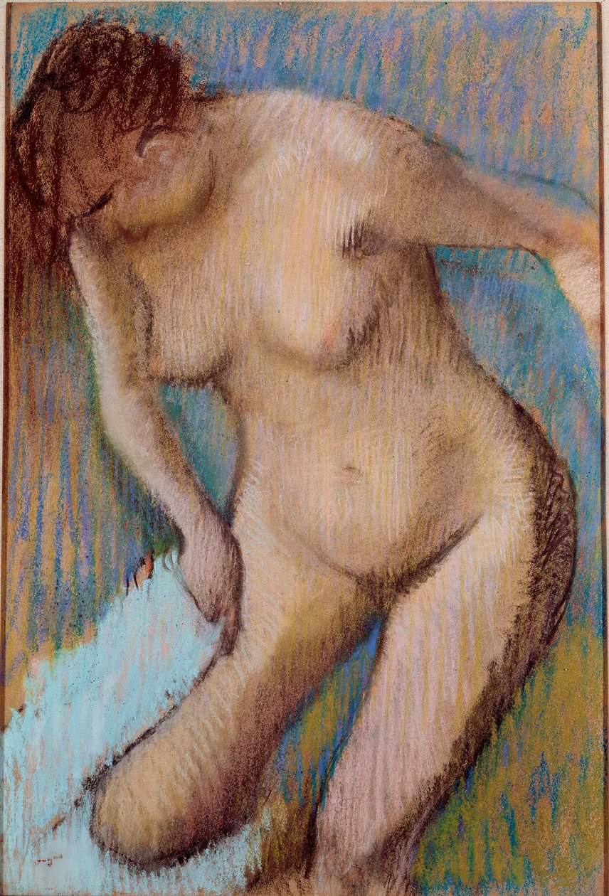 Po koupání Nahá žena si otírá pravé stehno. Pastelový obraz Edgara Degase (1834-1917) 1866 Sun. 72x49 cm Řím, Galleria d