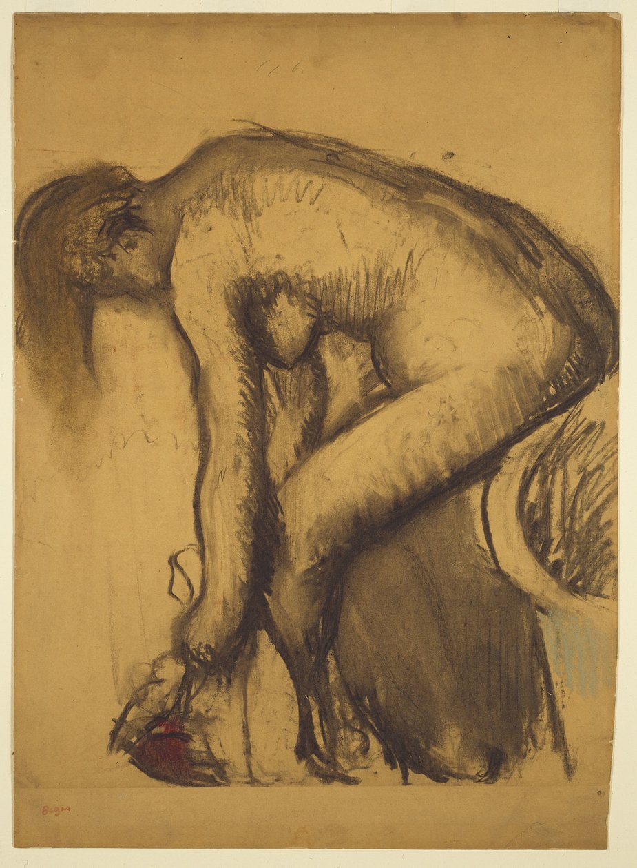 After the Bath (Woman Drying Her Feet), cca 1900 (uhl, mytí, pastel na papíře položeném na desce) od Edgar Degas