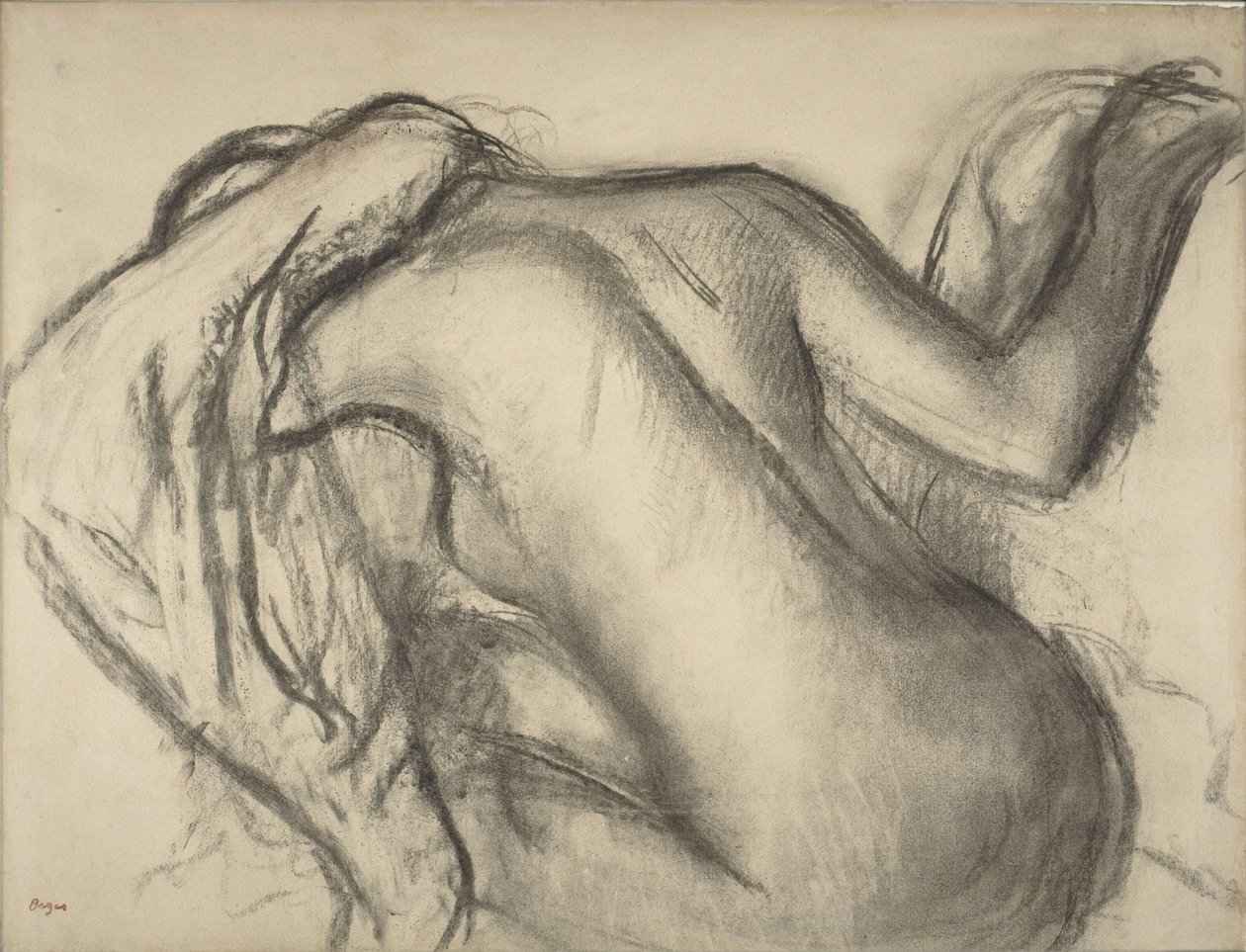 Po koupeli, Žena sušící si vlasy, kolem 1893-98 (uhlí a hnědá křída na papíře) od Edgar Degas